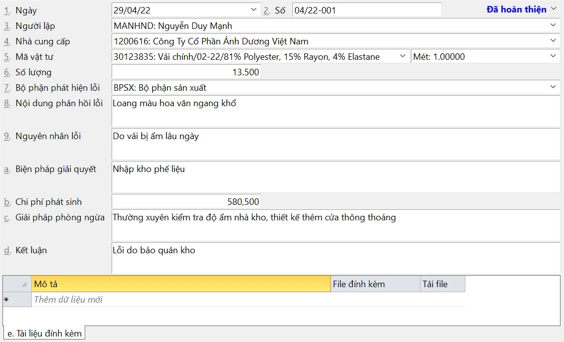 Phiếu Nguyên vật liệu không phù hợp Phiếu Nguyên vật liệu không phù hợp
